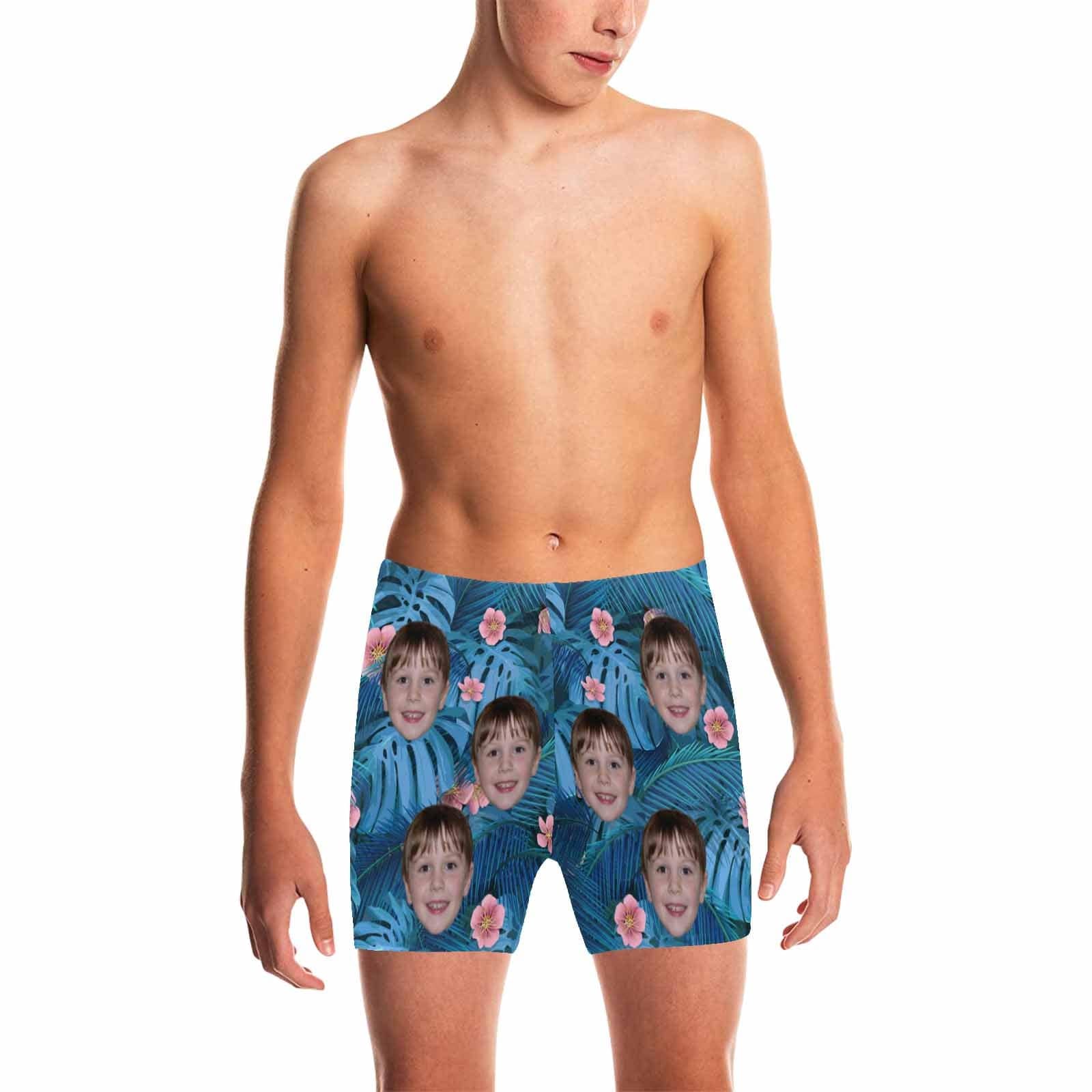 Custom Custom Face Blue Flower Big Boys' Swimming Trunks Personalized Kids' Swim Shorts Children Swimwear - YesCustom