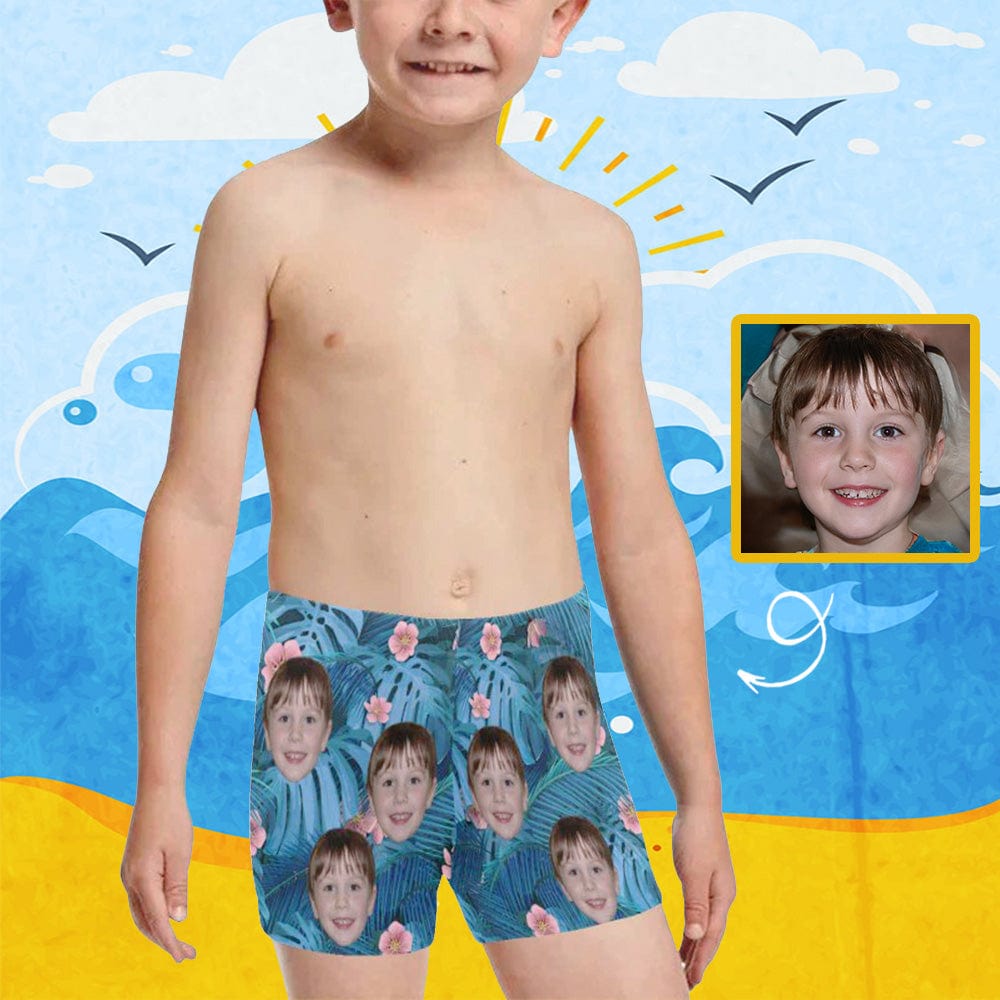 Custom Custom Face Blue Flower Plant Little Boys' Swimming Trunks Beach Shorts Personalized Toddler Boy Swim Shorts Children Swimwear - YesCustom