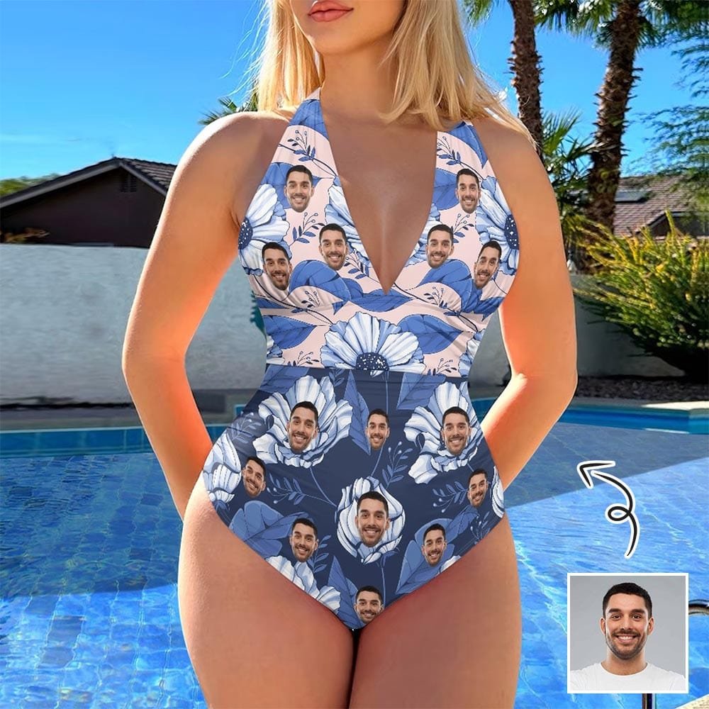 Custom Custom Face Blue Flower Women's Halter Neck Tie One Piece Swimsuit Sexy Backless Wide Straps V Neck - YesCustom