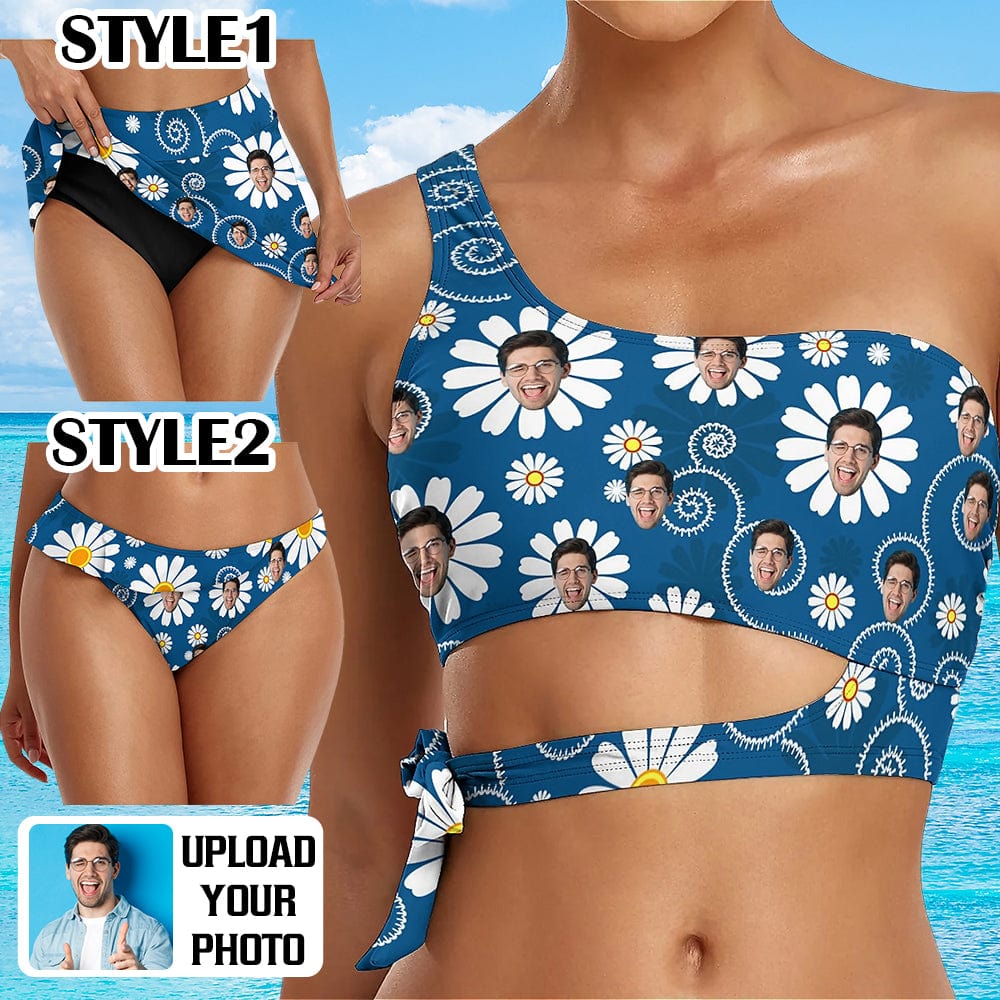 Custom Custom Face Blue Flowers Bikini Top&Bottom One Shoulder Bikini Top Split Bikini - YesCustom