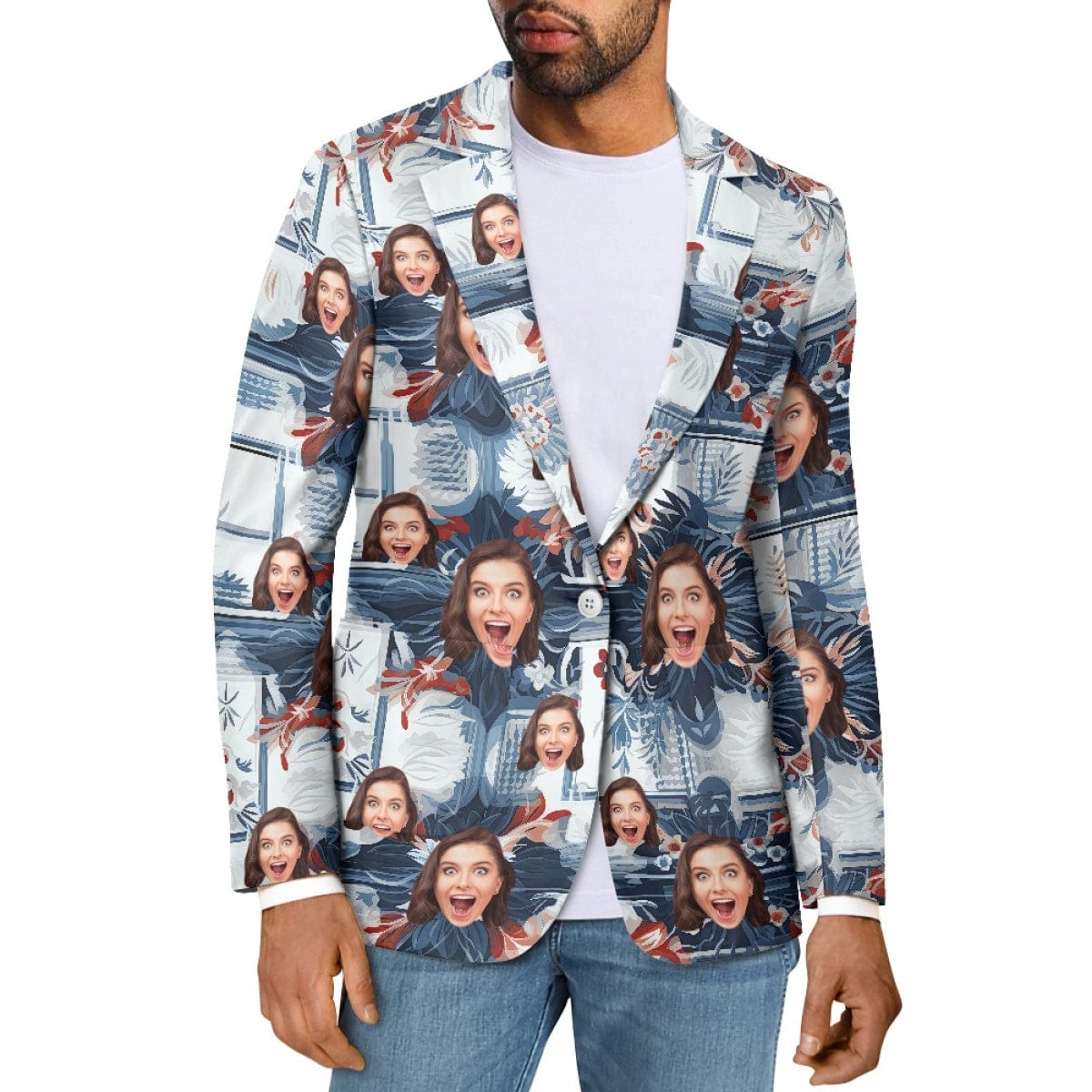 Custom Custom Face Blue Flowers Couple Casual Blazers Coat - YesCustom