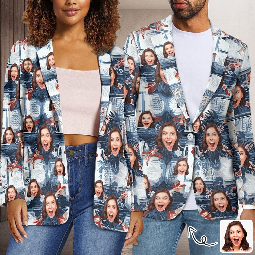 Custom Custom Face Blue Flowers Couple Casual Blazers Coat - YesCustom