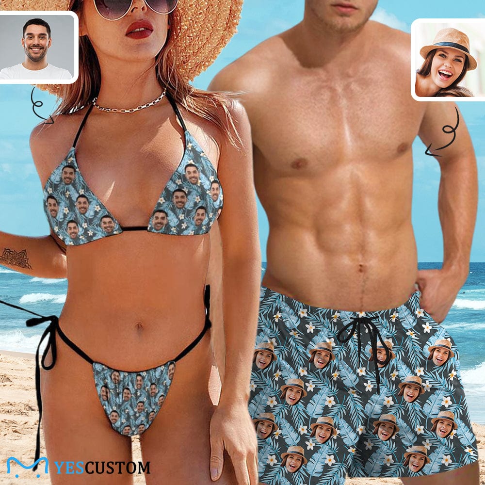 Custom Custom Face Blue Flowers Couple Matching Swimsuit Women's Triangle Bikini Bathing Suit Men's Swim Shorts - YesCustom