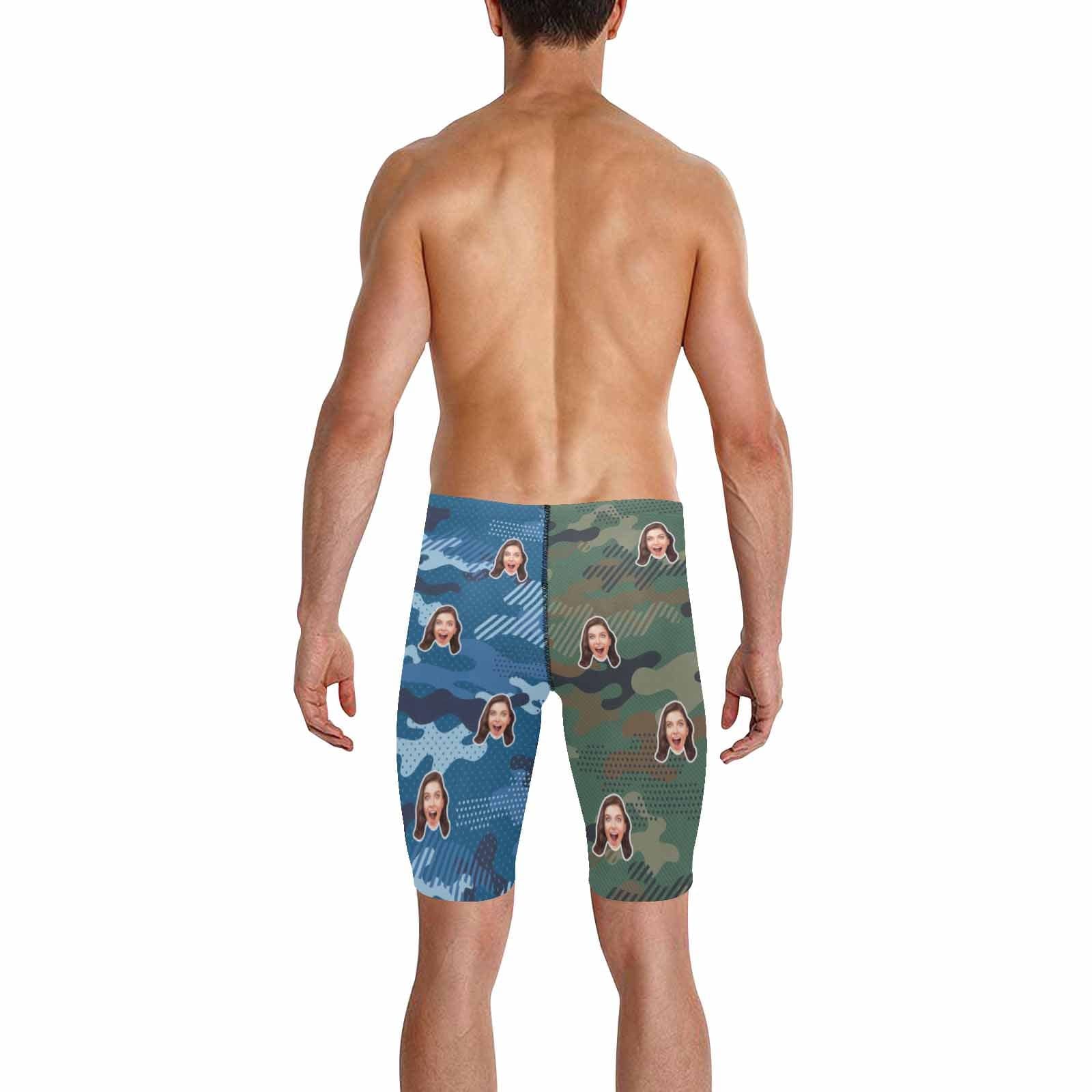 Custom Custom Face Blue Green Camouflage Men's Knee Surf Shorts Rash Guard Swim Trunks Mens Personalized Swimsuit Bathing Suit With Girlfriend's Face on - YesCustom