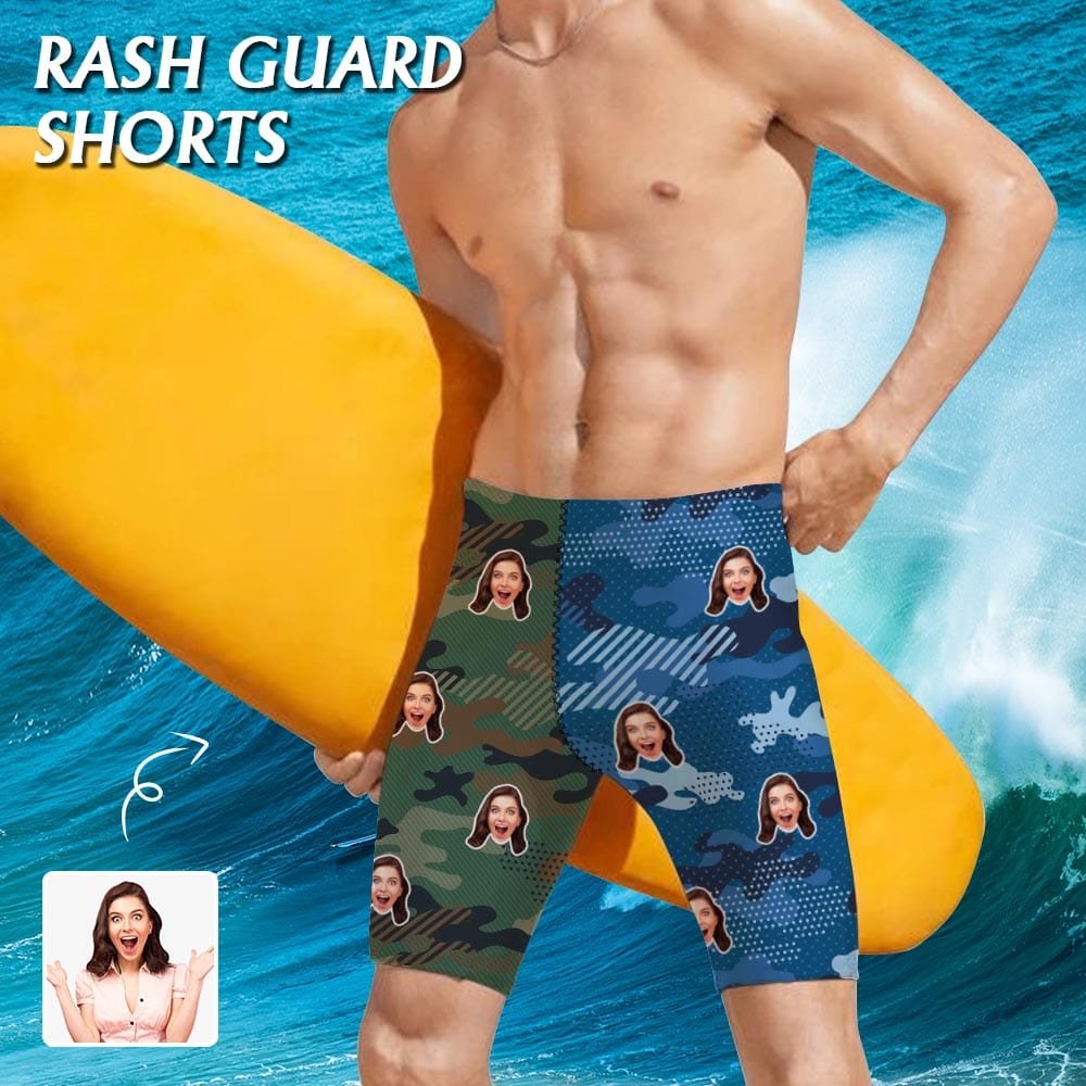 Custom Custom Face Blue Green Camouflage Men's Knee Surf Shorts Rash Guard Swim Trunks Mens Personalized Swimsuit Bathing Suit With Girlfriend's Face on - YesCustom