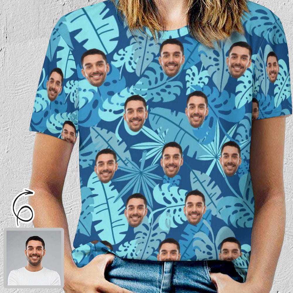 Custom Custom Face Blue Leaf Classic Women's T-shirt Personalized Women's All Over Print T-shirt - YesCustom