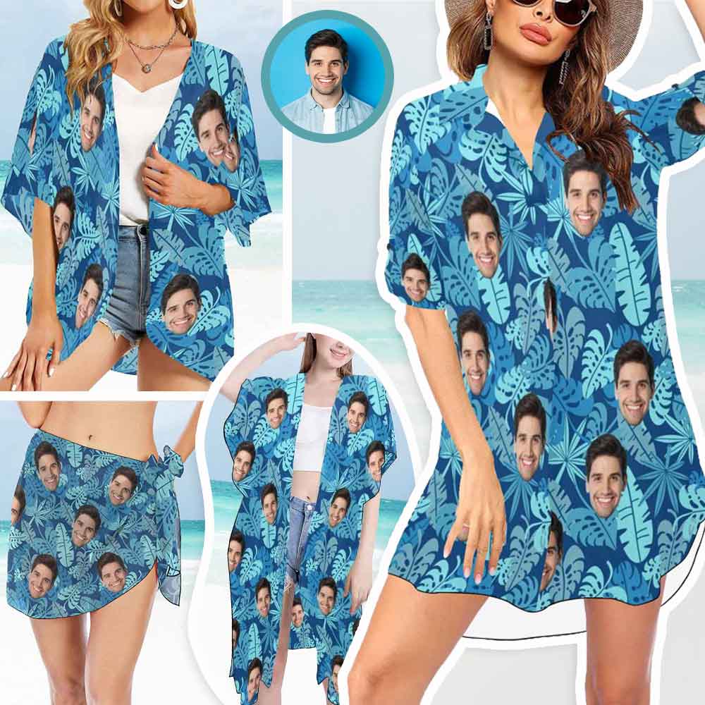 Custom Custom Face Blue Leaf Women's Kimono Chiffon Cover Up Personalized Beach Wrap Cover Up Dress - YesCustom