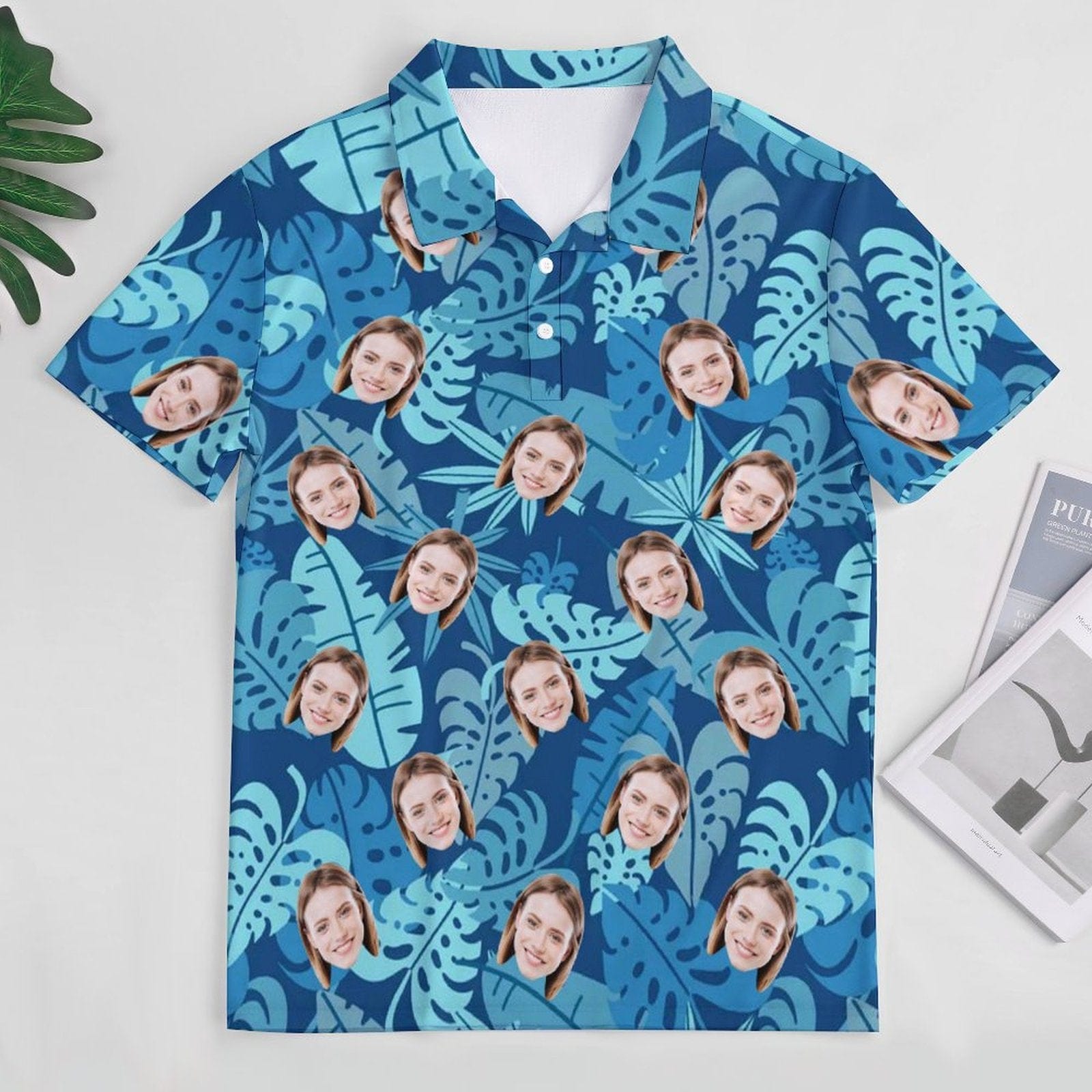 Custom Custom Face Blue Leaves All Over Print Polo Shirt Personalized Men's Golf Shirt - YesCustom