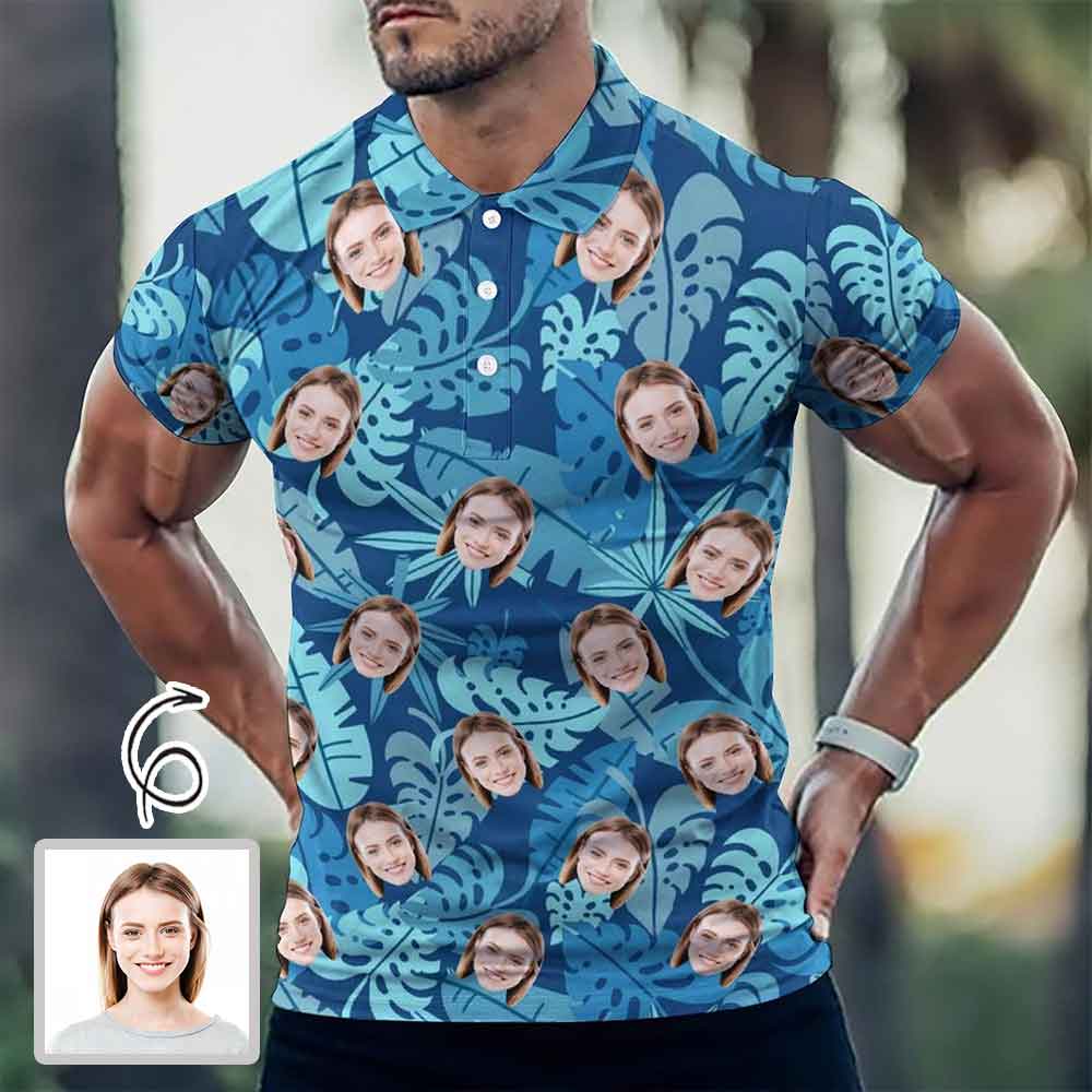Custom Custom Face Blue Leaves All Over Print Polo Shirt Personalized Men's Golf Shirt - YesCustom
