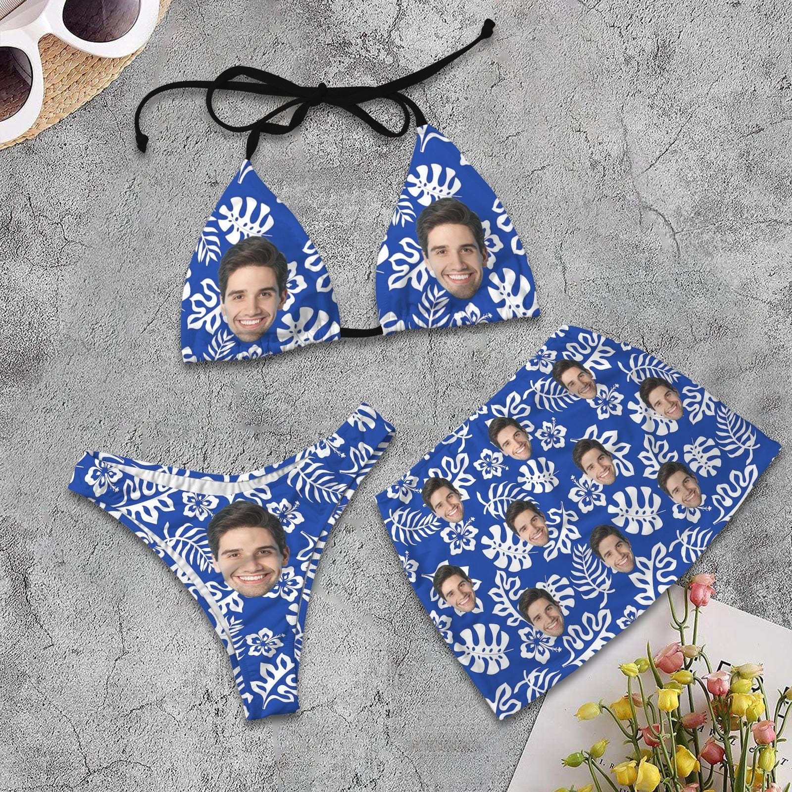 Custom Custom Face Blue Leaves Bikini Set Personalized Halterneck String Three-Pieces Bikini Skirts Set - YesCustom