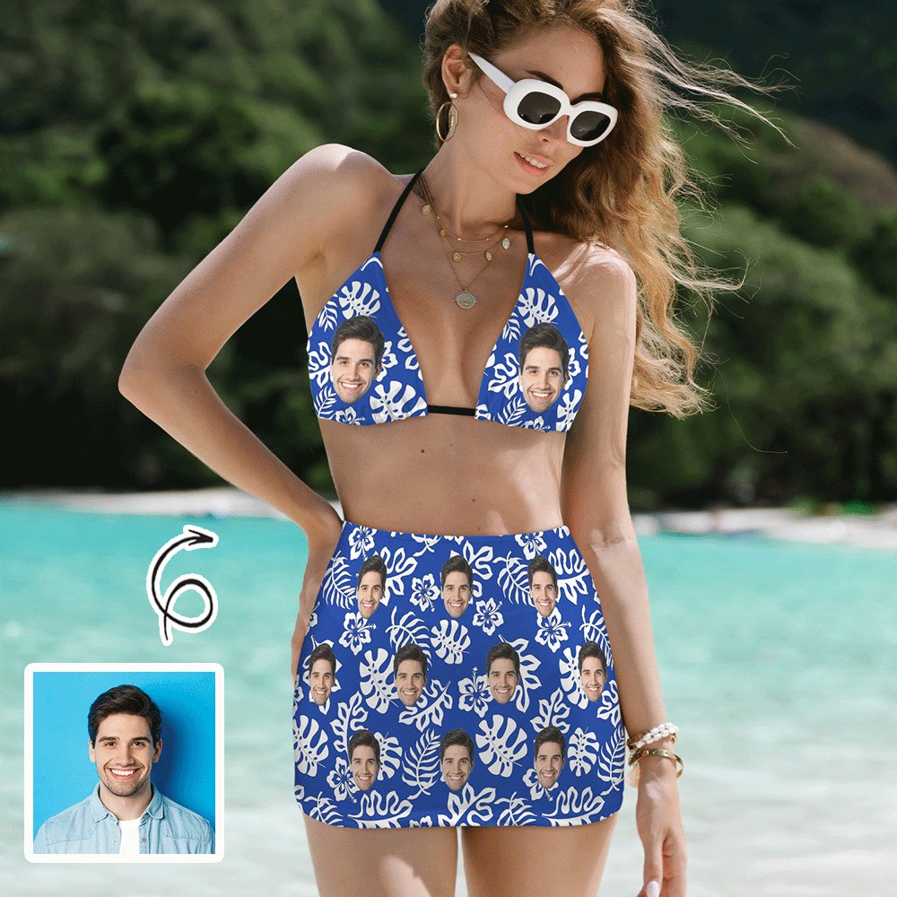 Custom Custom Face Blue Leaves Bikini Set Personalized Halterneck String Three-Pieces Bikini Skirts Set - YesCustom
