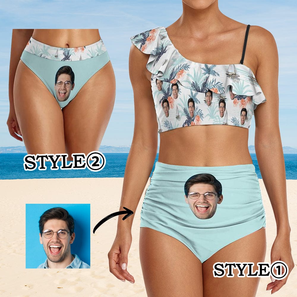 Custom Custom Face Blue Leaves Bikini Top&Bottom Off Shoulder Ruffle Bikini Top High Waisted Bikini Bottom - YesCustom