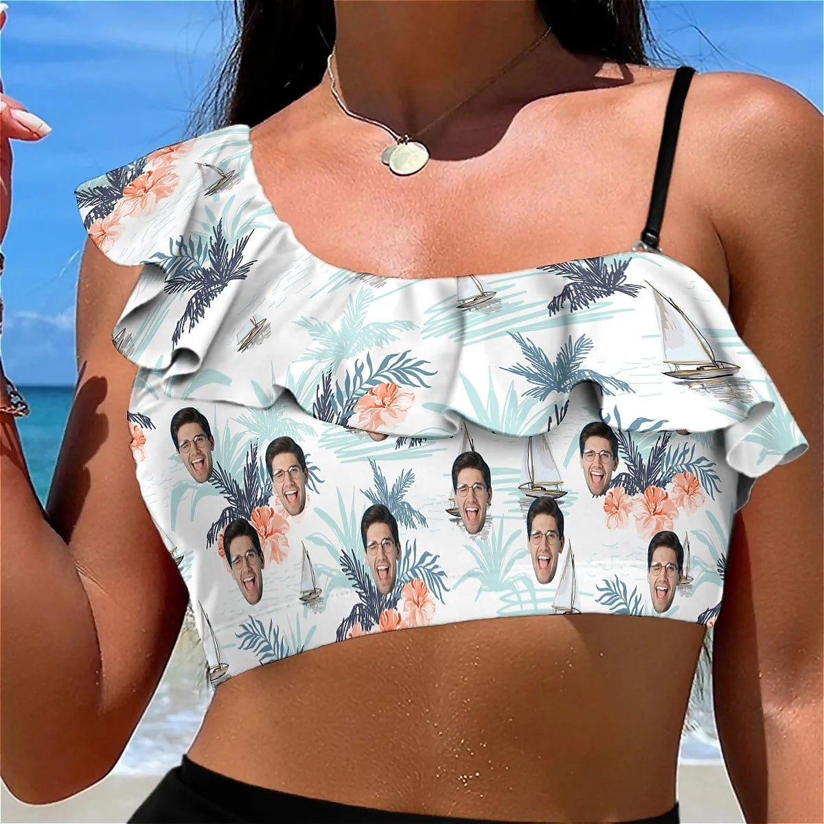 Custom Custom Face Blue Leaves Bikini Top&Bottom Off Shoulder Ruffle Bikini Top High Waisted Bikini Bottom - YesCustom