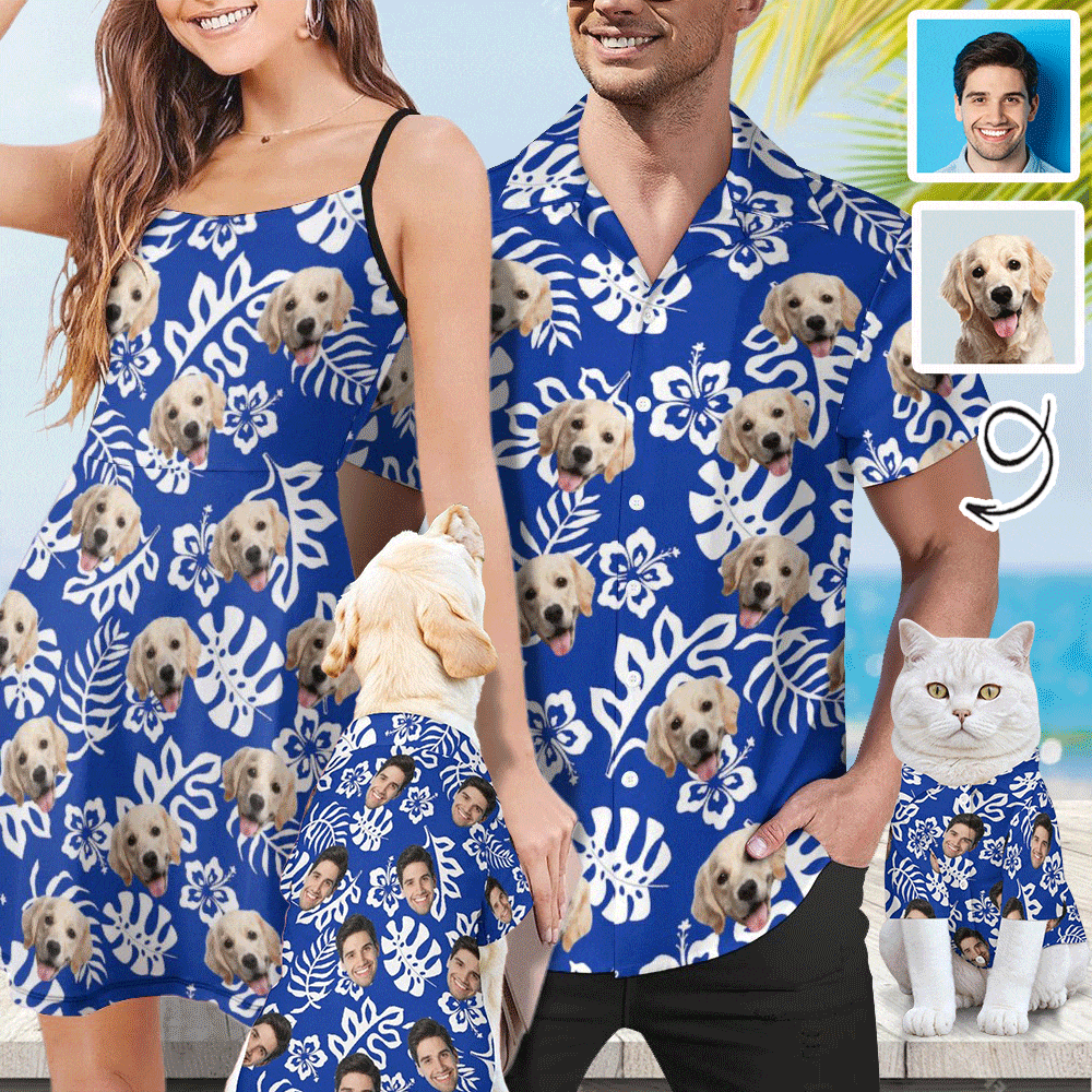 Custom Custom Face Blue Leaves Matching Pet and Owner Hawaiian Shirts Custom Pet Shirt Gift - YesCustom