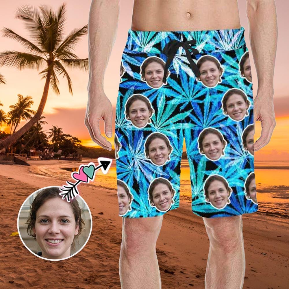 Custom Custom Face Blue Leaves Men's All Over Print Casual Shorts - YesCustom