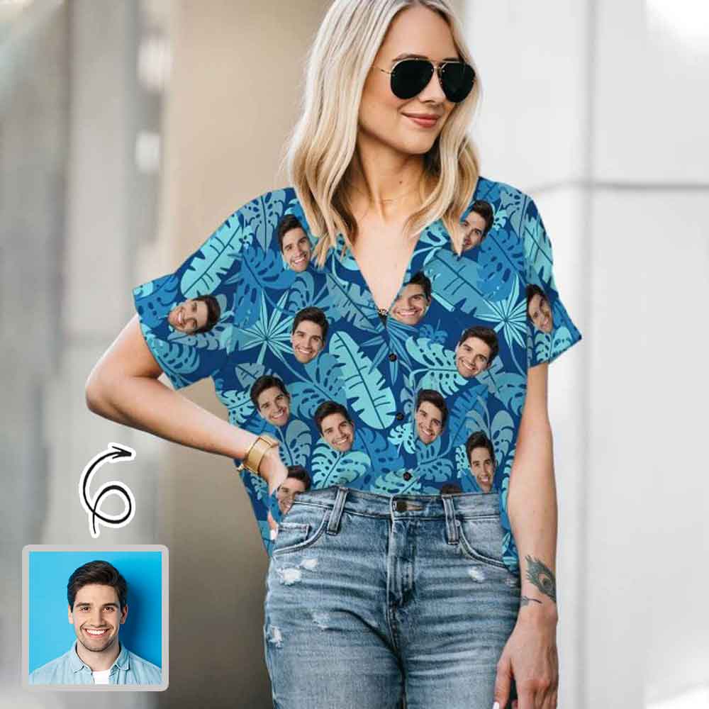 Custom Custom Face Blue Leaves Women's Hawaiian Shirts All Over Print V Neck Short Sleeve Shirt Gift for Girlfriend Wife - YesCustom