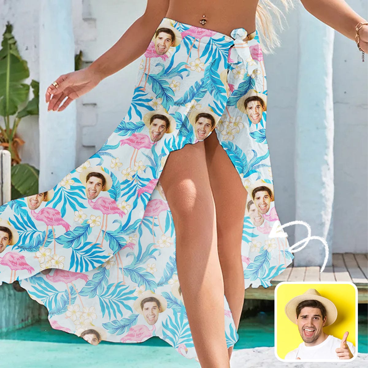 Custom Custom Face Blue Leaves Women's Long Cover Up Skirt With Slit Swimsuit Beach Wrap - YesCustom
