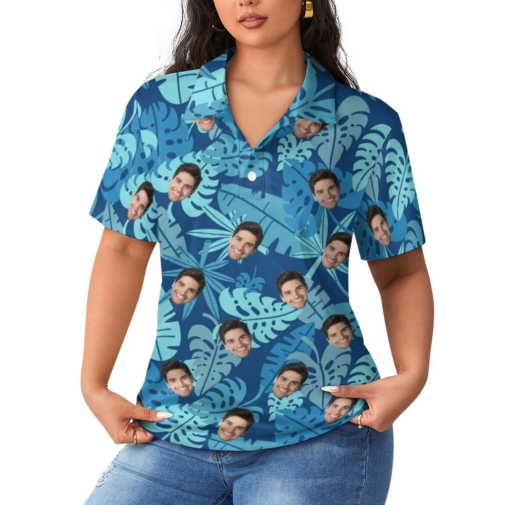 Custom Custom Face Blue Leaves Women's Polo Shirt - YesCustom