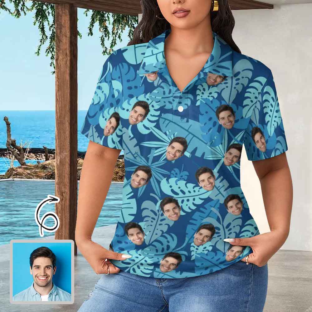 Custom Custom Face Blue Leaves Women's Polo Shirt - YesCustom