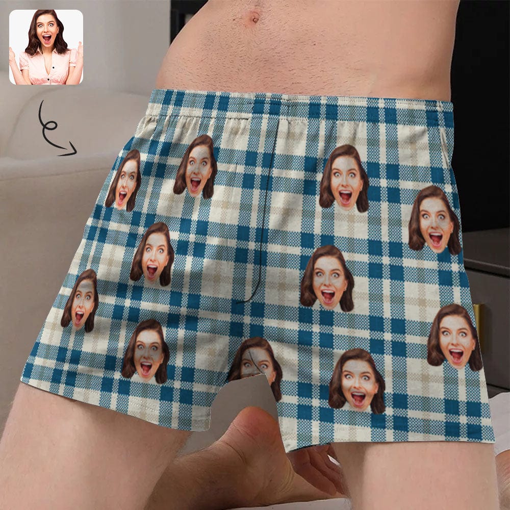 Custom Custom Face Blue Line Plaid Boxer Shorts Pure Cotton Shorts for Men - YesCustom