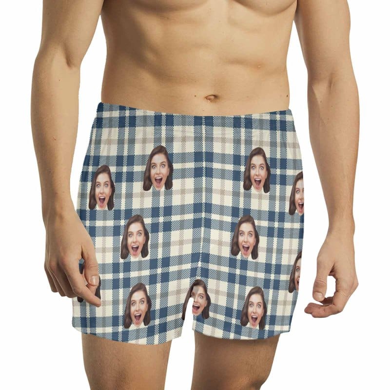 Custom Custom Face Blue Line Plaid Boxer Shorts Pure Cotton Shorts for Men - YesCustom