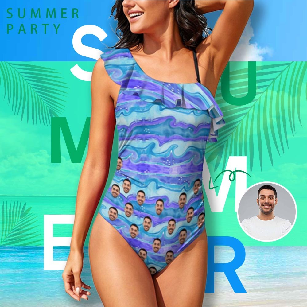 Custom Custom Face Blue Ocean Waves Swimsuit Personalized Women's Shoulder Ruffle One Piece Bathing Suit Celebrate Holiday Gift - YesCustom