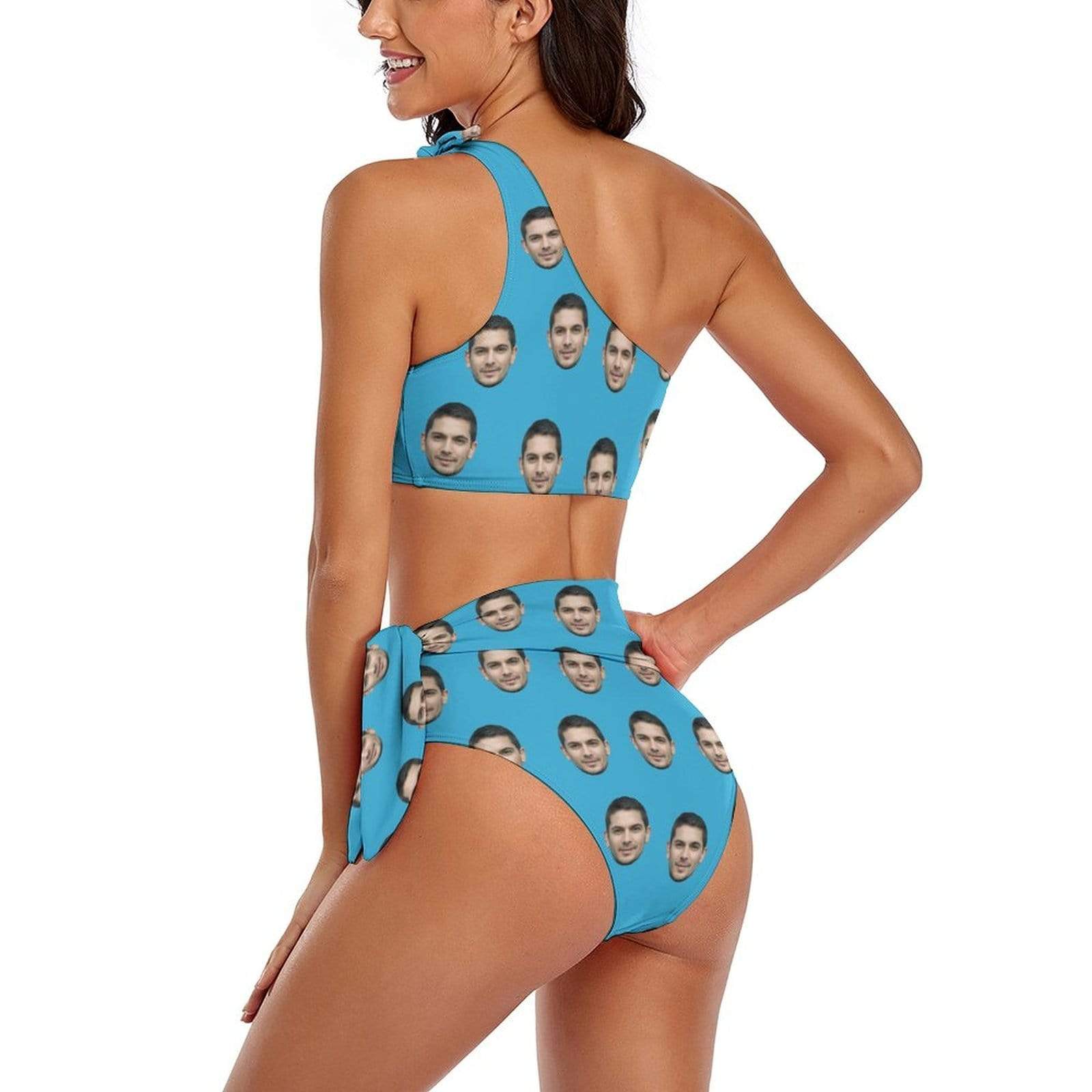 Custom Custom Face Blue One Shoulder Tie Side High Waited Bikini Personalized Women's Two Piece Swimsuit Beach Outfits - YesCustom