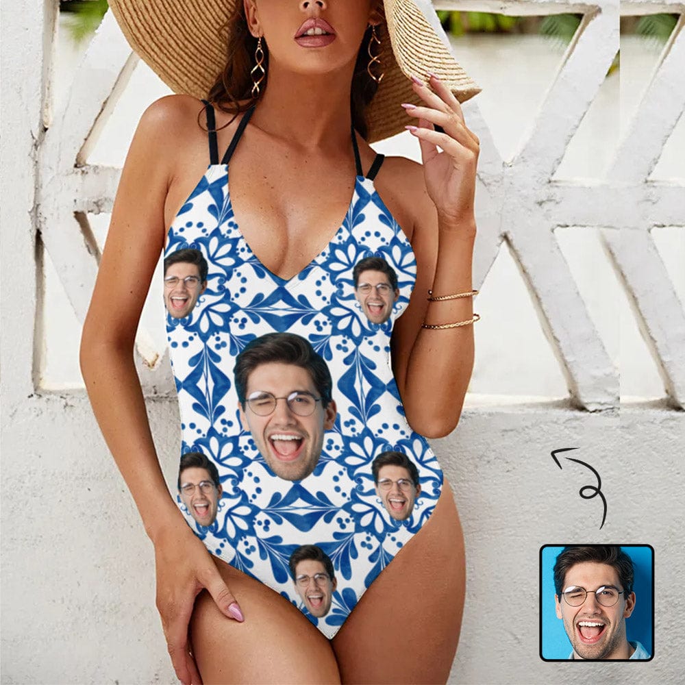 Custom Custom Face Blue Pattern Swimsuit Personalized Women's V-neck One Piece Bathing Suit For Her - YesCustom