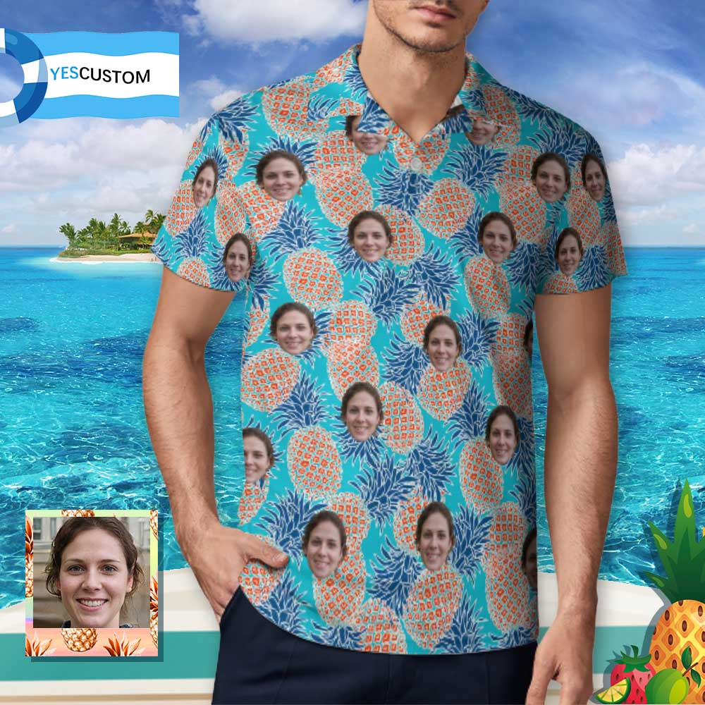 Custom Custom Face Blue Pineapple Polo Shirts for Men's Summer Shirts Personalized Golf Shirt Design Your Own Polo Shirts for Him - YesCustom
