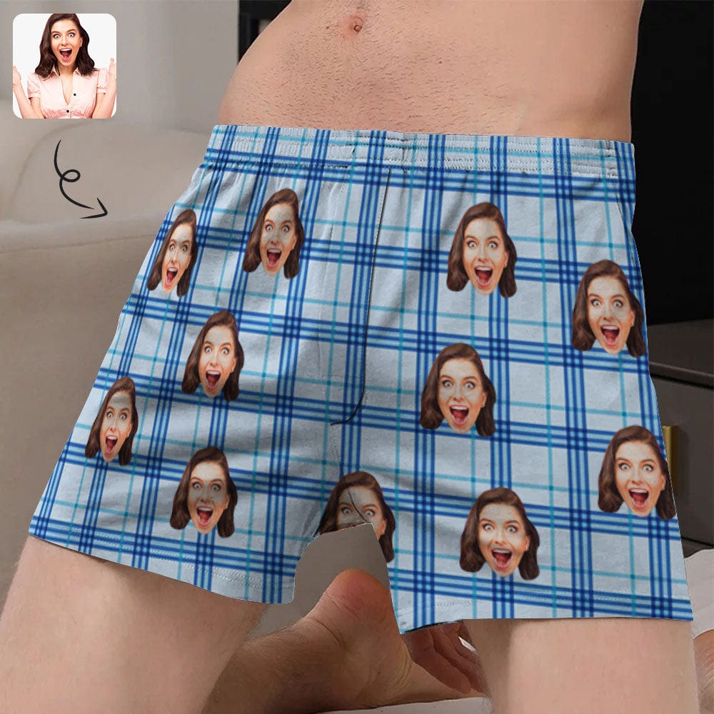 Custom Custom Face Blue Plaid Boxer Shorts Pure Cotton Shorts for Men - YesCustom