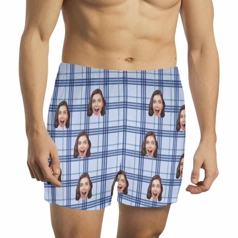 Custom Custom Face Blue Plaid Boxer Shorts Pure Cotton Shorts for Men - YesCustom