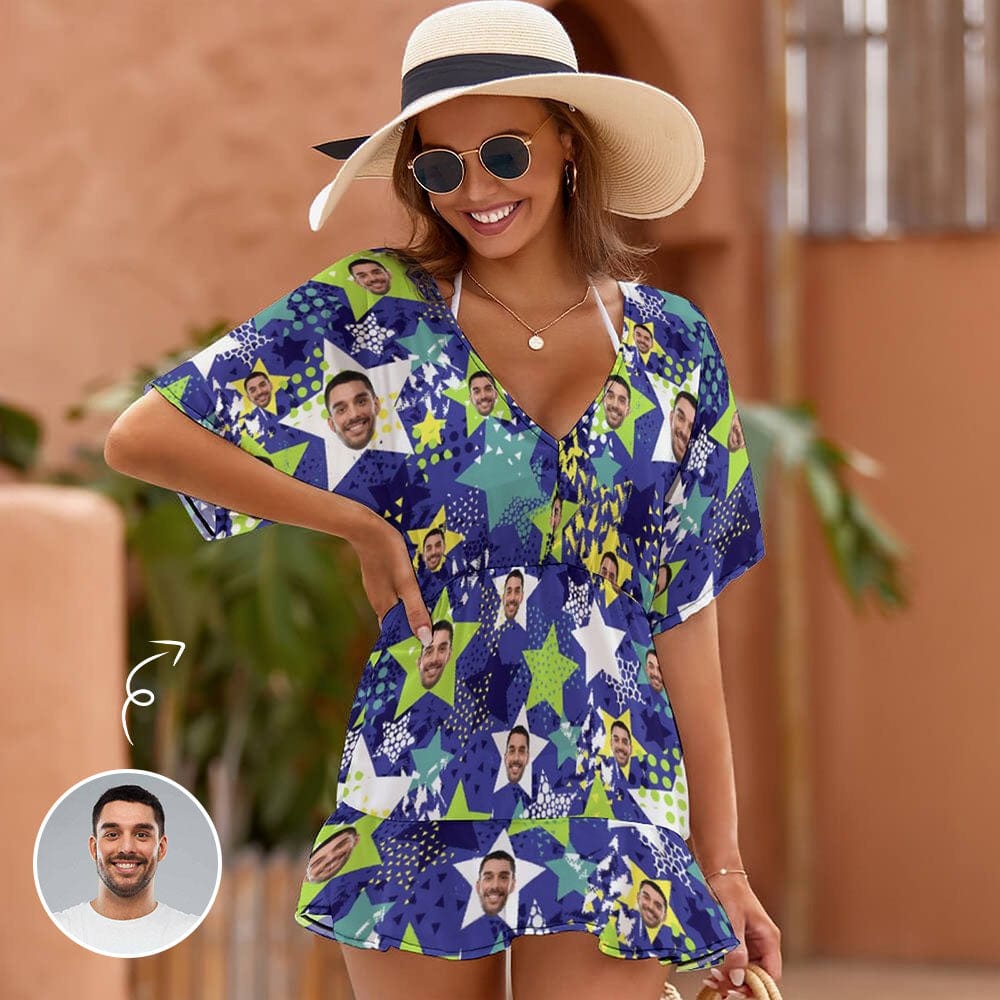 Custom Custom Face Blue Star One Piece Cover Up Dress Personalized Women's Short Sleeve Beachwear Coverups - YesCustom