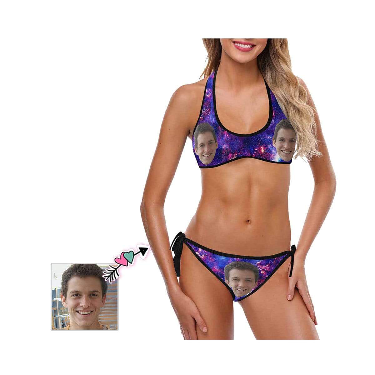 Custom Custom Face Blue Starry Sky Scoop Neck Halter Tie Side Low Waisted Bikini Personalized Women's Two Piece Swimsuit Beach Pool Outfits - YesCustom