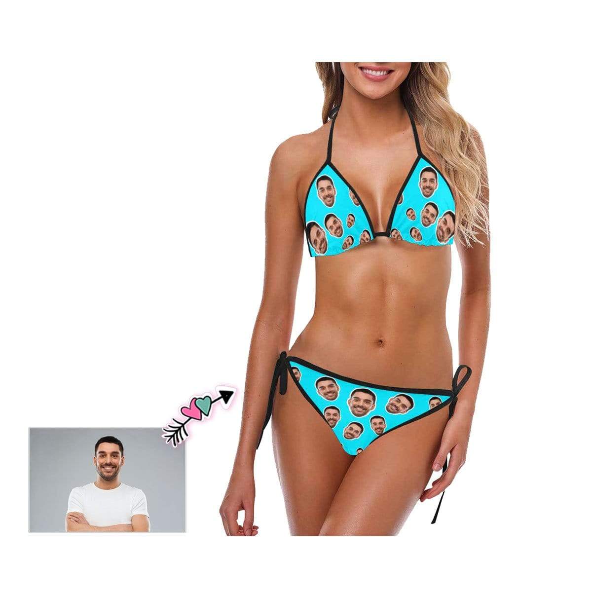 Custom Custom Face Blue String Halter Tie Side Low Waisted Triangle Bikini Personalized Bathing Suit Women's Two Piece Swimsuit Summer Beach Pool Outfits - YesCustom