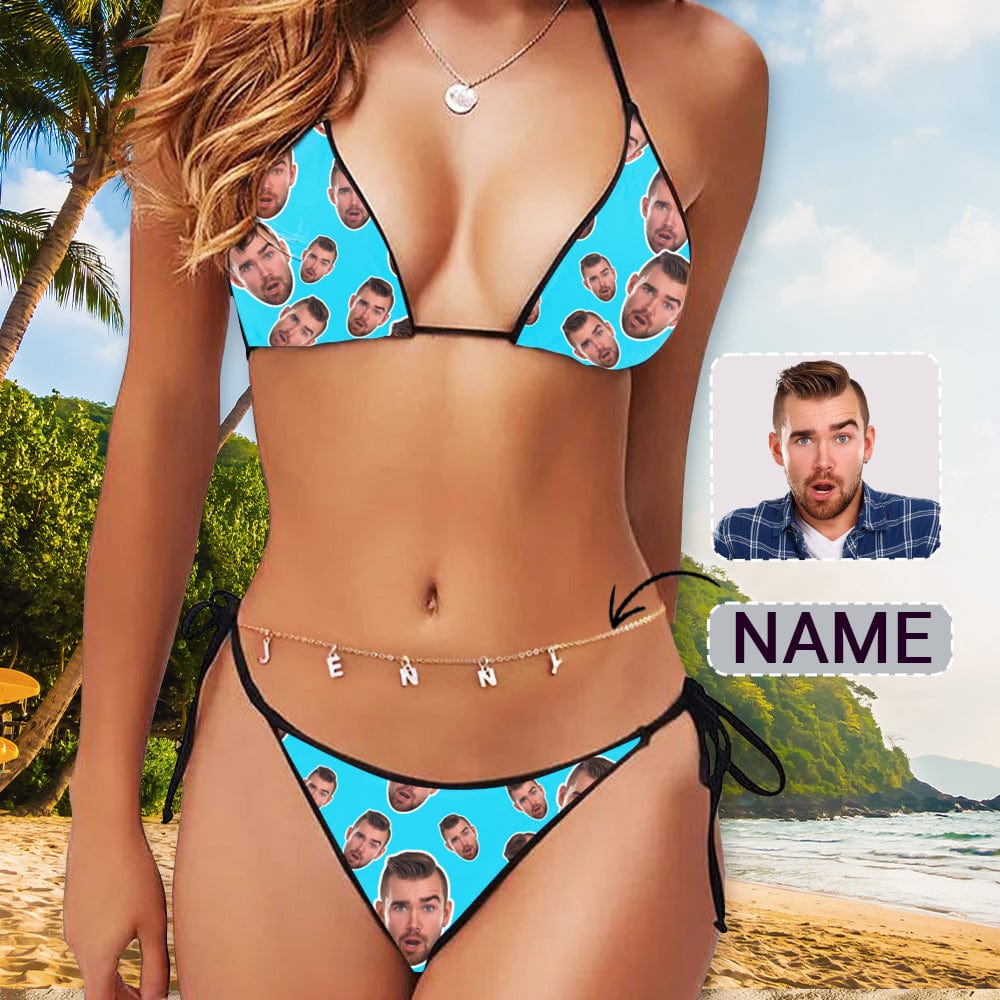 Custom Custom Face Blue String Halter Tie Side Low Waisted Triangle Bikini Swimsuit With Custom Letters Name Body Chain Waist Chain - YesCustom