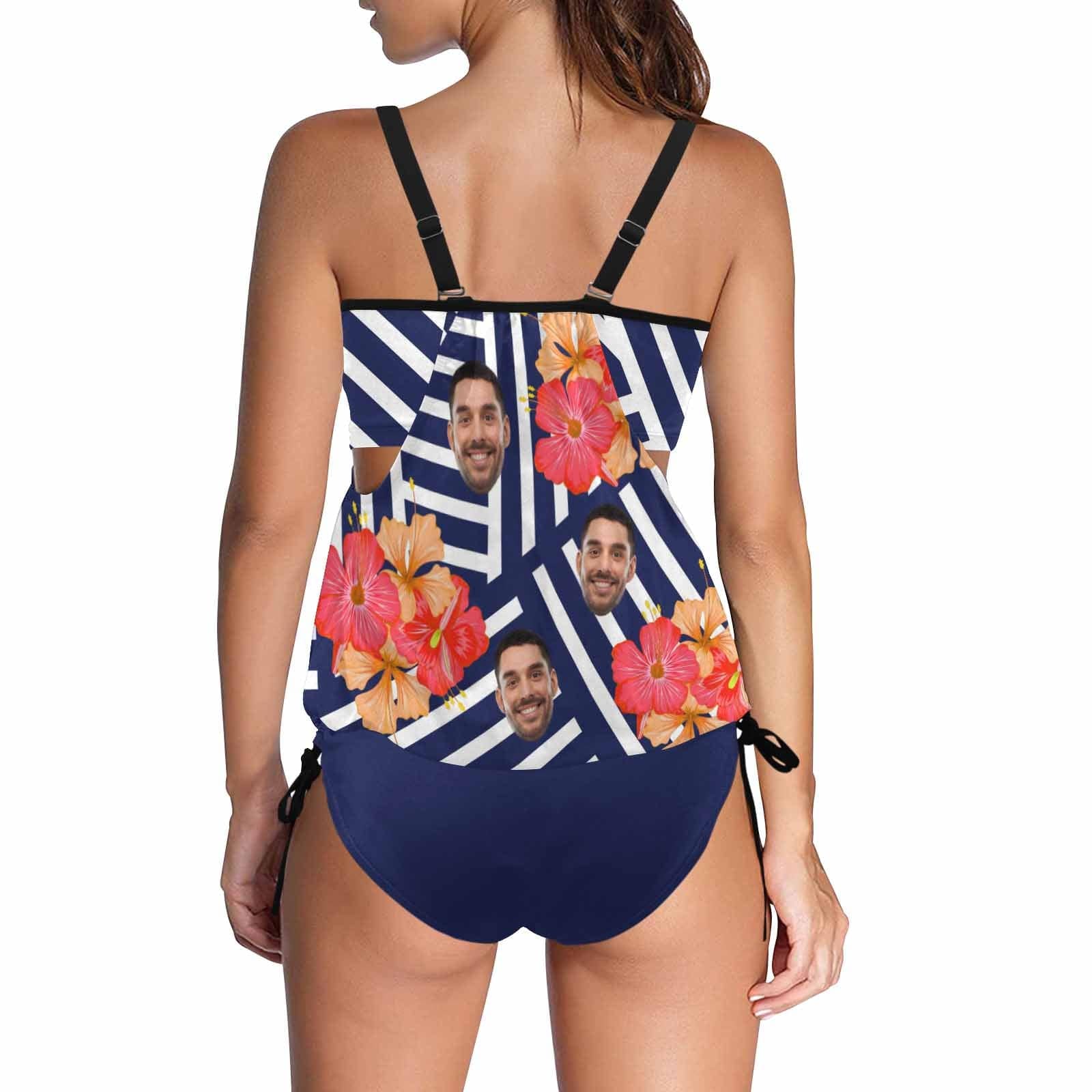 Custom Custom Face Blue Striped Colorful Flowers Swimsuit Personalized Womens Tankini Top Sets Bikini Two Piece Bathing Suit - YesCustom