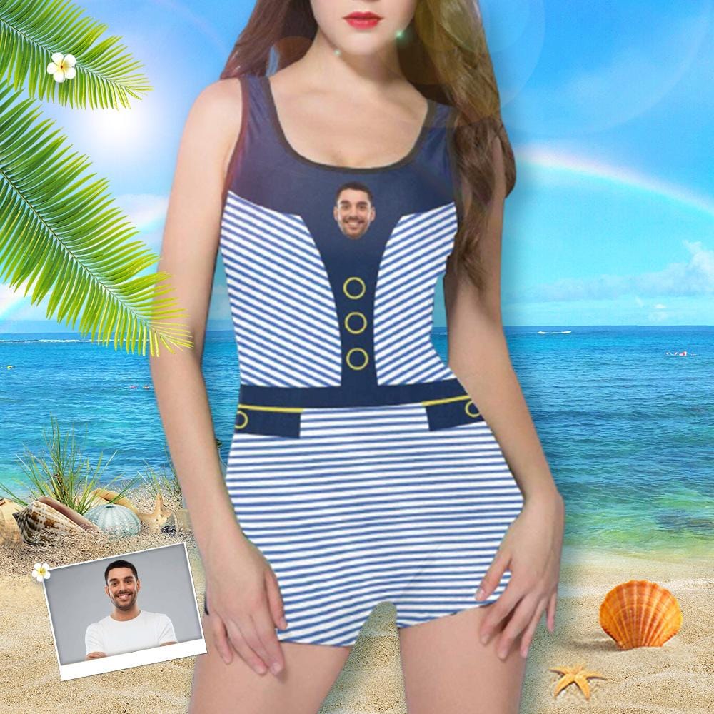 Custom Custom Face Blue Stripes Women's One Piece Boyleg Swimsuit - YesCustom