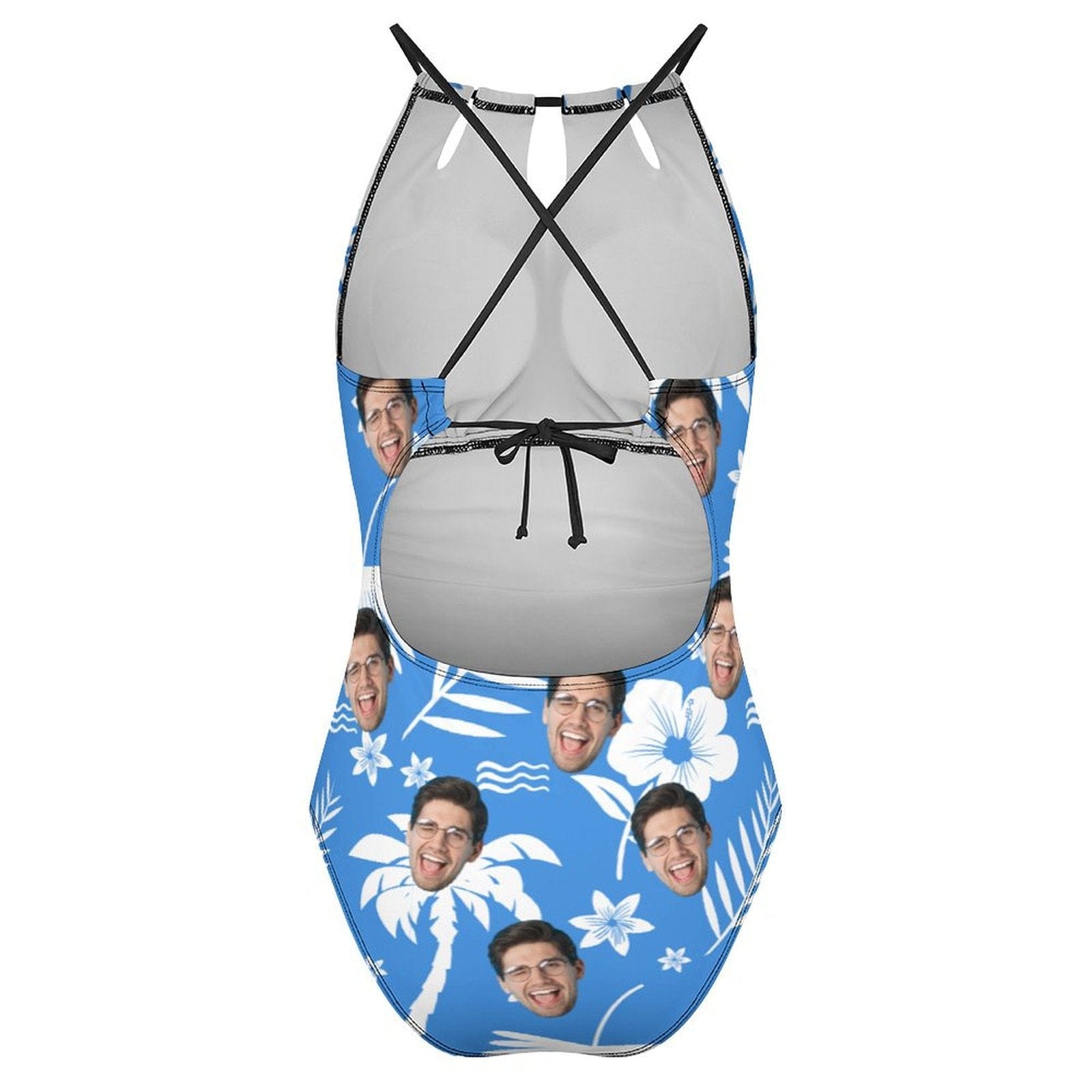 Custom Custom Face Blue Swimsuit Personalized Women's One Piece Backless Tie Swimsuit Face Bathing Suit - YesCustom