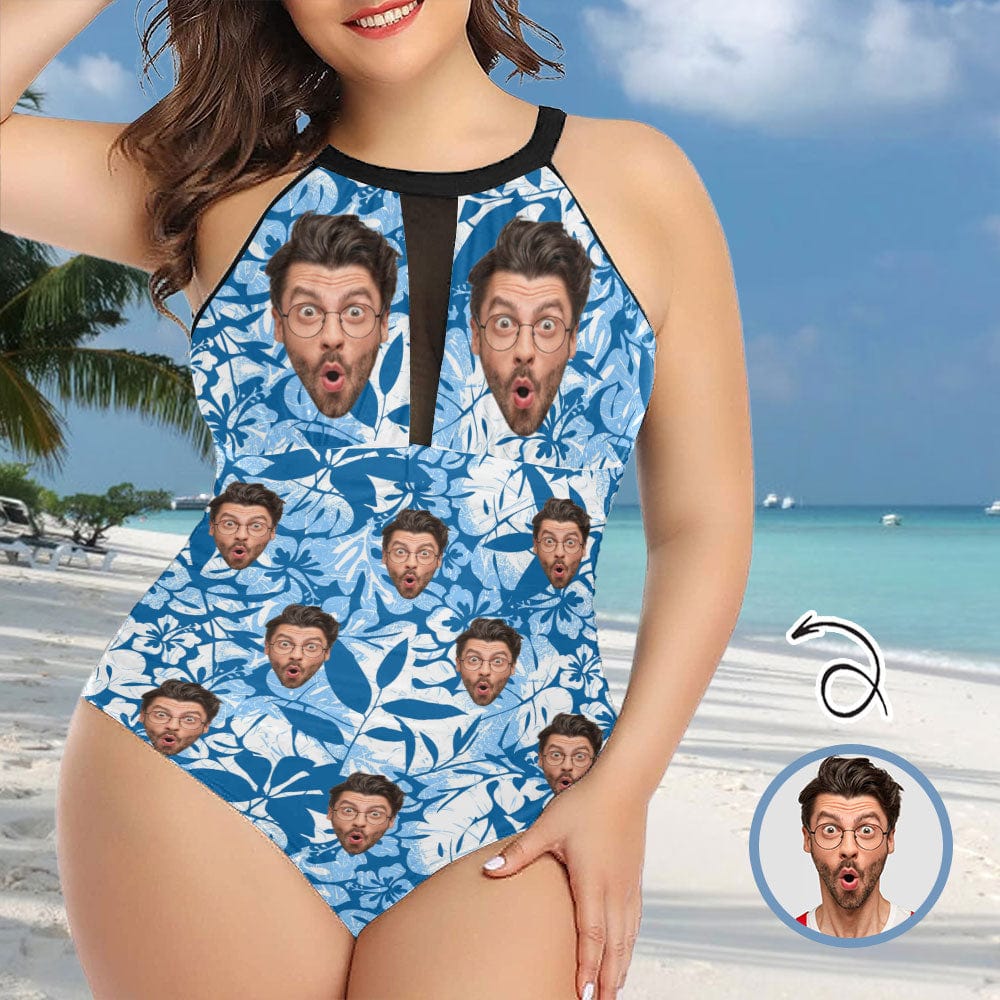 Custom Custom Face Blue Tropical Leaves Women's One Piece Swimsuit High Neck Plunge Mesh Ruched Monokini Swimwear - YesCustom