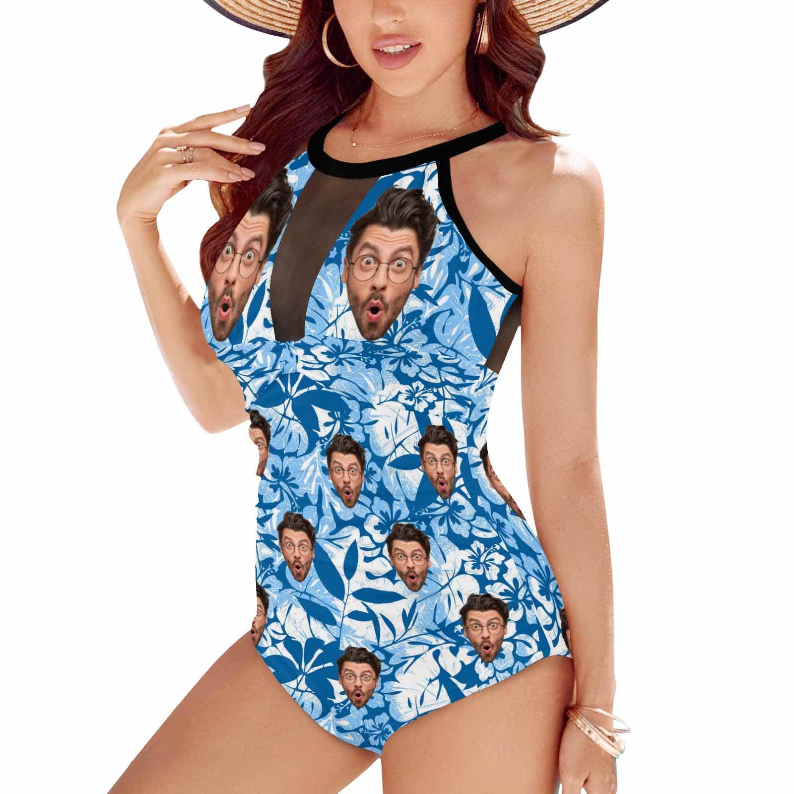Custom Custom Face Blue Tropical Leaves Women's One Piece Swimsuit High Neck Plunge Mesh Ruched Monokini Swimwear - YesCustom