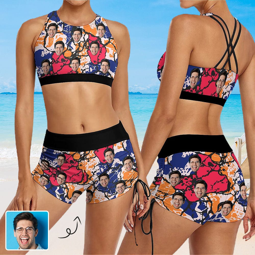 Custom Custom Face Blue&Red Drawstring Boyshorts Bikini Set Personalized High Waisted Bikini Bathing Suit - YesCustom