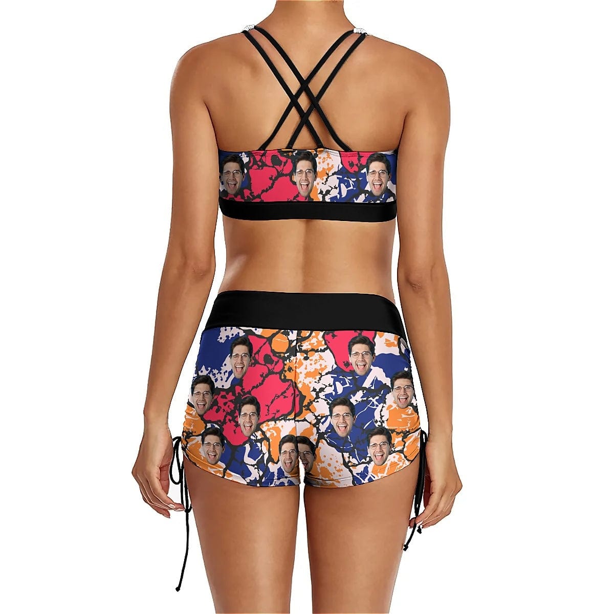Custom Custom Face Blue&Red Drawstring Boyshorts Bikini Set Personalized High Waisted Bikini Bathing Suit - YesCustom