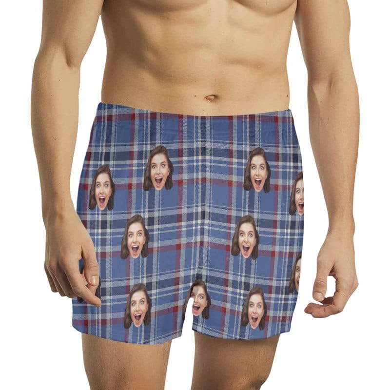 Custom Custom Face Blue&Red Plaid Boxer Shorts Pure Cotton Shorts for Men - YesCustom