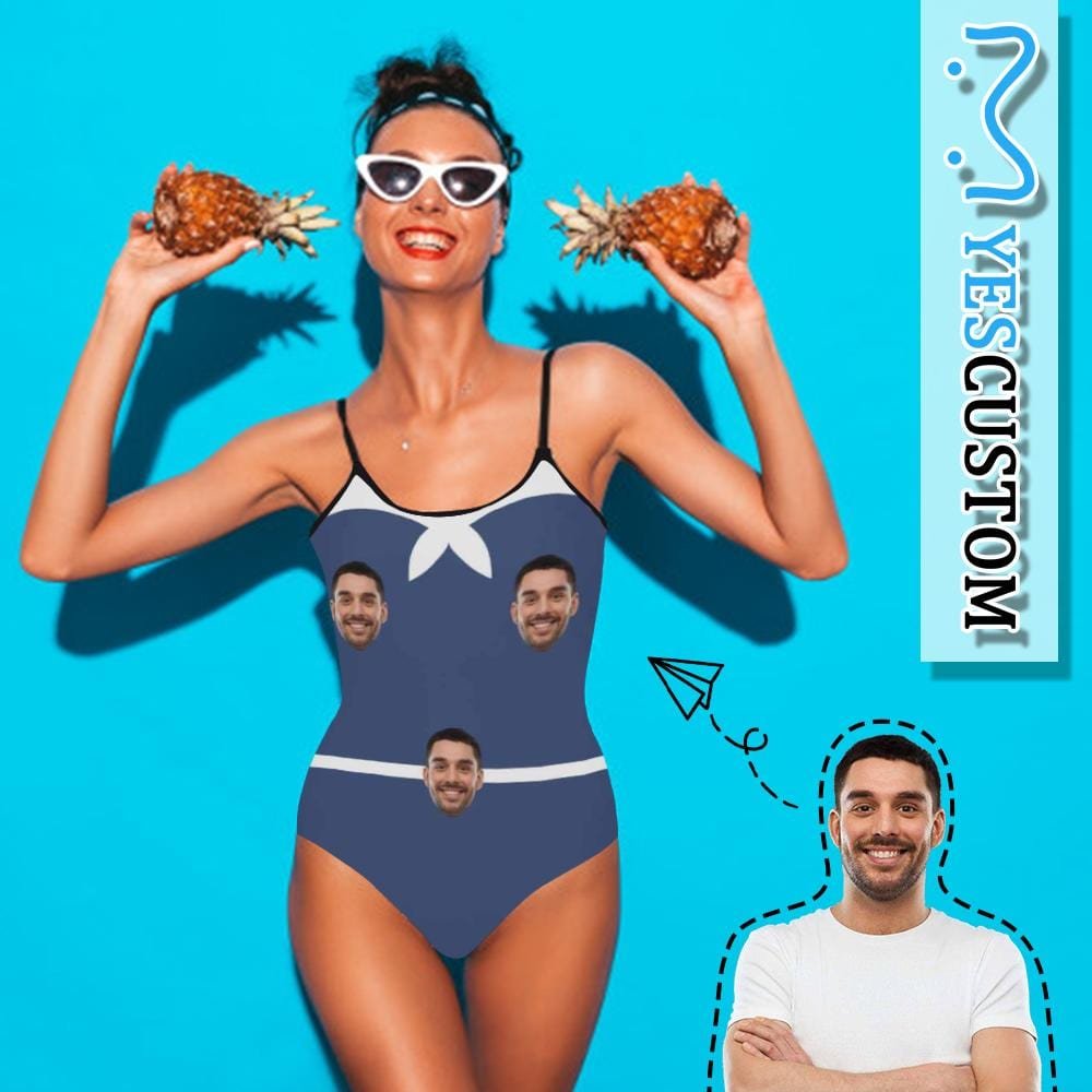 Custom Custom Face Blue&White Swimsuit Personalized Women's Slip One Piece Bathing Suit Funny Gift Idea - YesCustom