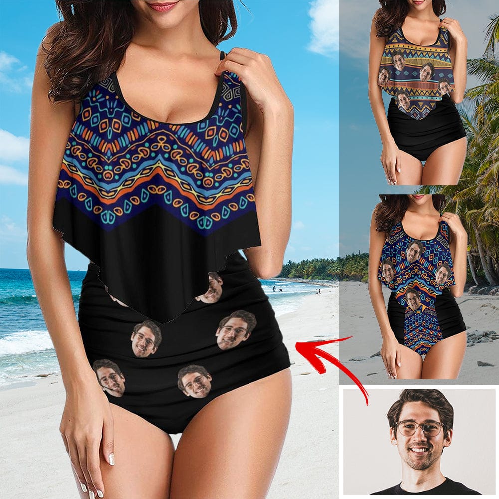 Custom Custom Face Bohemia Ruffle Tankini Personalized Bathing Suit Women's Two Piece High Waisted Bikini Swimsuit Summer Beach Pool Outfits - YesCustom