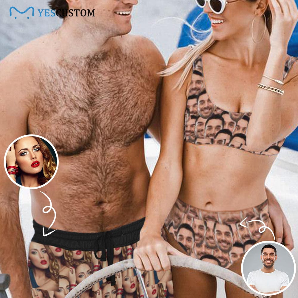 Custom Custom Face Boyfriend Handsome Seamless Couple Matching Swimsuit Women's Bikini Set Men's Swim Shorts - YesCustom