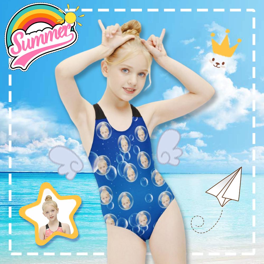 Custom Custom Face Bubble Blue Kid's Swimsuit - YesCustom