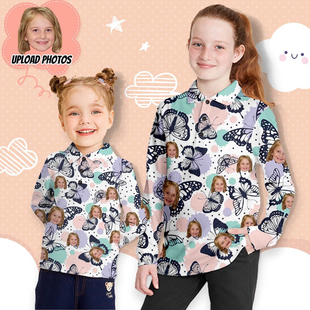 Custom Custom Face Butterfly Girls' Long Sleeve Polo Shirt - YesCustom