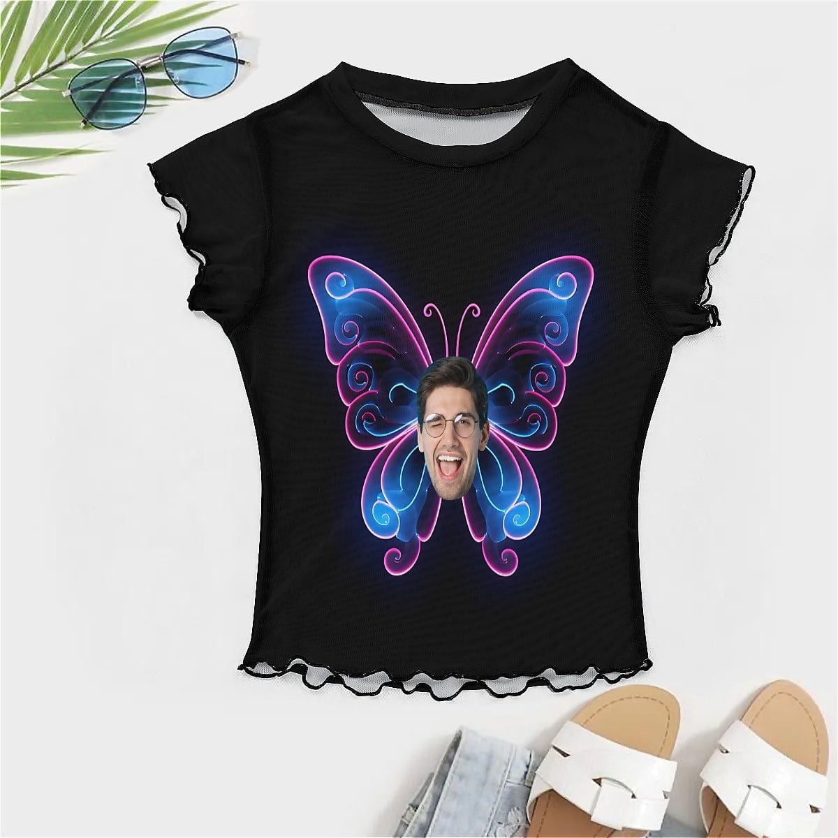 Custom Custom Face Butterfly Women's 3 Pieces Bikini Set with Mesh Cover up Halter Triangle Bikini Cover Up Set - YesCustom