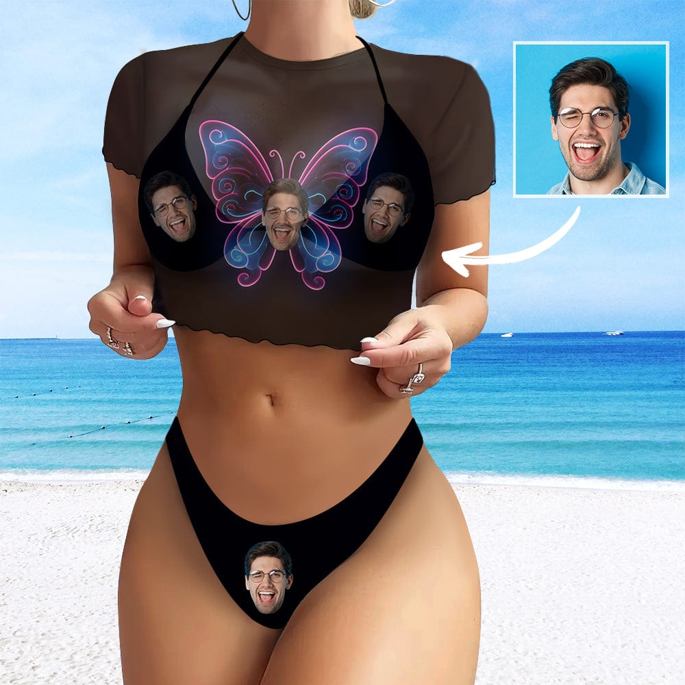Custom Custom Face Butterfly Women's 3 Pieces Bikini Set with Mesh Cover up Halter Triangle Bikini Cover Up Set - YesCustom